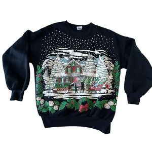 Vintage Land N Sea Christmas Country Store Snowy Village Ugly Sweater MEDIUM 90s